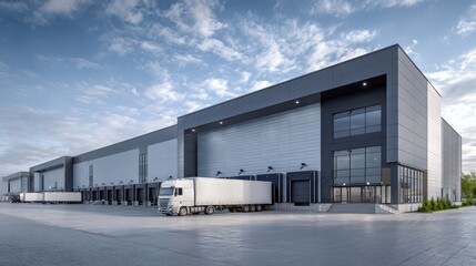 Obraz premium Large warehouse building with trucks parked outside in an industrial area during the day