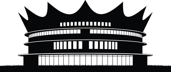 Modern crown‑shaped architectural building silhouette, unique design with layered windows, flame roof, glass panels, grassy surroundings, striking symmetrical structure © Creative Mind