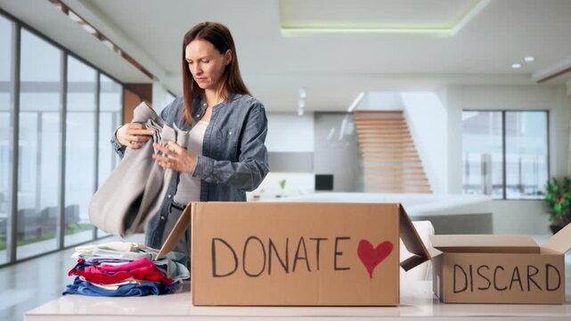 Woman Carefully Sorts Clothes Into Boxes
