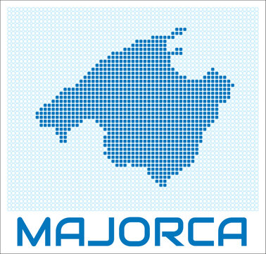 Majorca digital style map with blue rounded rectangle dots. Spain. Dotted shape of the island. Majorca blue colored map and title on white background. Modern Vector Illustration.