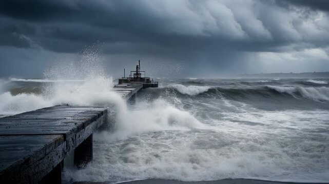 Stormy ocean waves crashing against a wooden pier under dark cloudy sky with rough sea