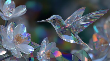 Fototapeta premium Crystal hummingbird flies near flowers on a sunny day in a vibrant garden setting with colorful reflections