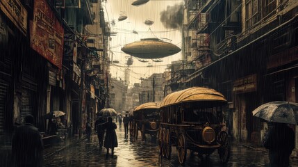 Obraz premium City street scene with vintage vehicles and flying objects during rain in an urban area at dusk
