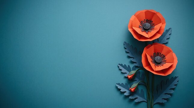 Anzac Day, Remembrance Day, Poppy, Red poppy, Paper craft, Lest we forget, Veterans Day. Handcrafted paper art poppies on teal background with copy space for memorial tributes.