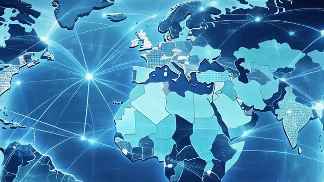 Global digital connectivity network world map with illuminated data points and international communication lines
