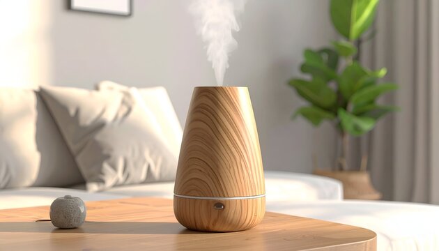 A wooden aromatherapy diffuser streams vapor in a bright living room; small decor on table