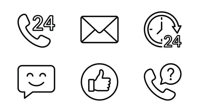 Vector graphic illustration of customer support icons including phone, email, clock, chat, thumbs up, and question mark symbols for 24 hour service and communication