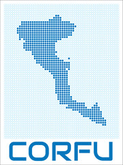 Obraz premium Corfu digital style map with blue rounded rectangle dots. Greece. Dotted shape of the island. Corfu blue colored map and title on white background. Creative Vector Illustration.