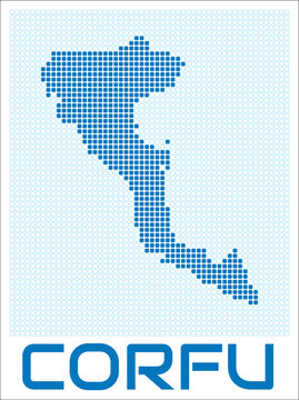 Corfu digital style map with blue rounded rectangle dots. Greece. Dotted shape of the island. Corfu blue colored map and title on white background. Creative Vector Illustration.