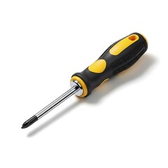 A black and yellow screwdriver with a flat head resting on a white background