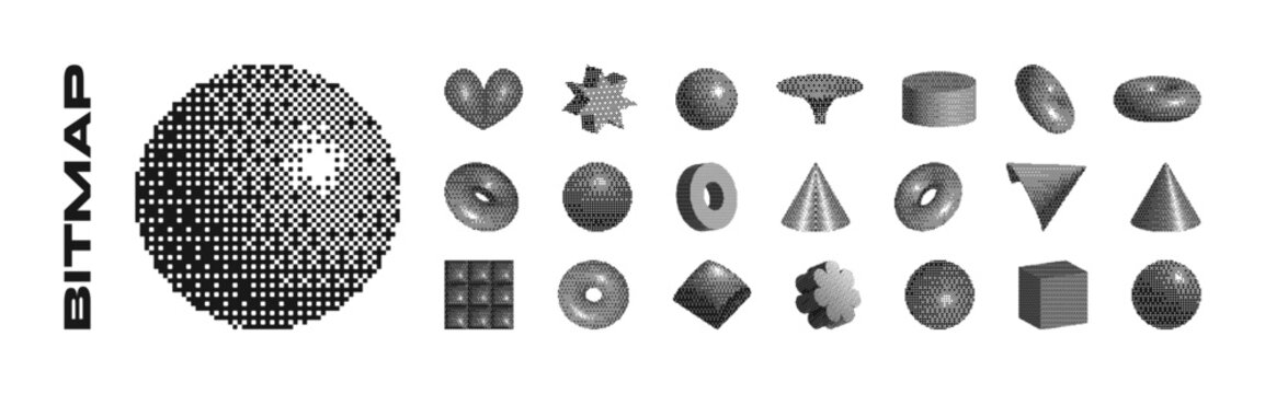 Bitmap pixelated abstract geometric 3d shapes set. Retro futuristic y2k trendy minimalist raster effect. Pixel art 8 bit collection. Dither Halftone flower, heart, sphere, star, donut cylinder pyramid