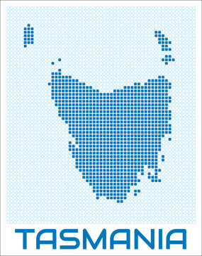 Tasmania digital style map with blue rounded rectangle dots. Australia. Dotted shape of the island. Tasmania blue colored map and title on white background. Elegant Vector Illustration.