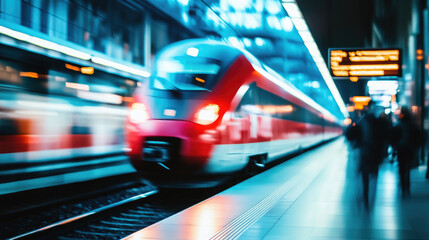 Fototapeta premium Blurred background of a modern railway station, trains, boards, platforms, rails, movement, rail transport, carriages, out-of-focus photo, bokeh