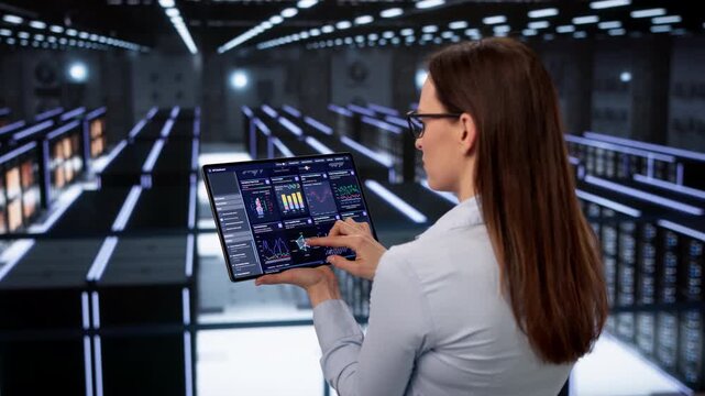 Data Technician Checks Secure Servers Carefully