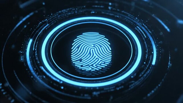 Glowing blue fingerprint surrounded by concentric circles on a dark background with a futuristic and technological mood.