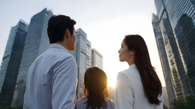 A family gazes at the city skyline bathed in golden sunset light symbolizing future aspi ns and