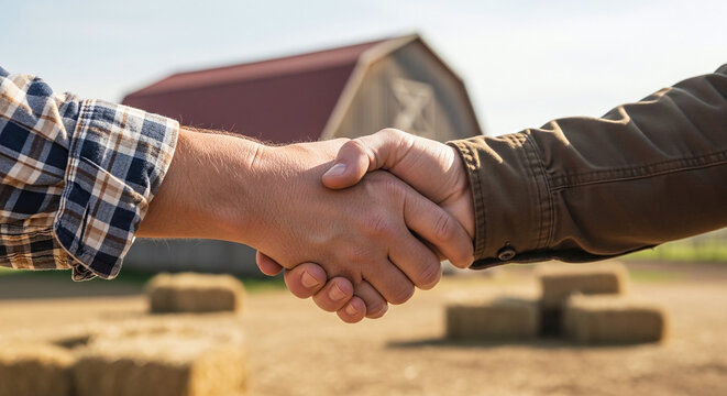Farmers shaking hands in front of a barn and hay bales at a rural farm