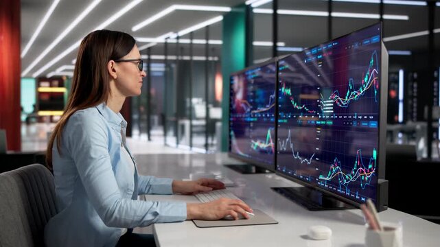 Experienced Female Broker Reviewing Financial Market Data Across Several