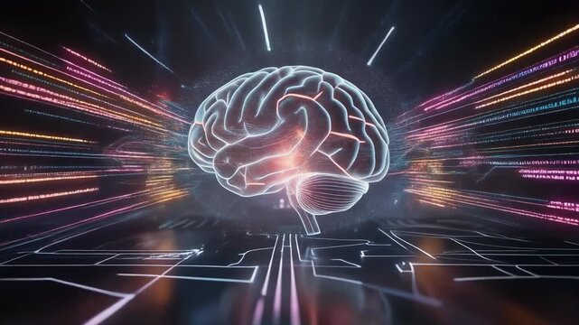 Futuristic digital brain hologram with glowing data streams and advanced technology concept