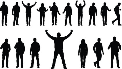 Silhouette people in various poses, standing, walking, gesturing, expressive body language illustration, casual stances, victory celebration, posture depiction © Creative Mind