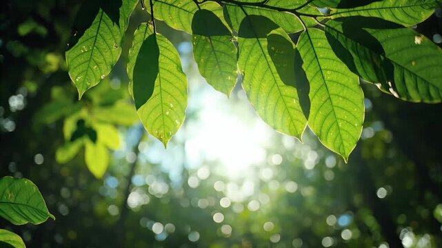 Sunlight filtering through vibrant green leaves in a lush forest, creating a bokeh effect, symbolizing nature's tranquility and growth.