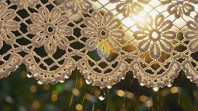 White crochet lace with water droplets and sun flare outdoors