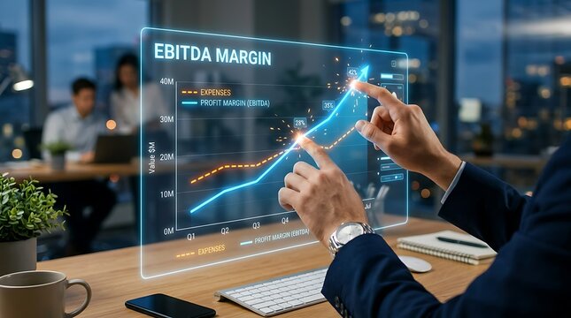 Businessman Analyzing EBITDA Margin Growth on Futuristic Holographic Display.