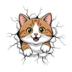 Obraz premium Adorable brown tabby cat peeking through a cracked white wall hole in a vector illustration.