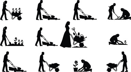 Silhouette set of people gardening mowing lawn and planting flowers with wheelbarrow lawnmower rake and shovel for landscaping and backyard. © Creative Mind