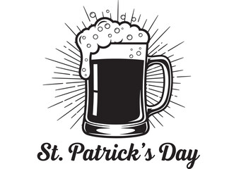 Mug of dark beer with overflowing foam and rays, stylized for St. Patrick's Day celebrations and Irish culture