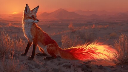Obraz premium Fox sits in the desert at sunset with a bright tail glowing in the warm light of the evening sky