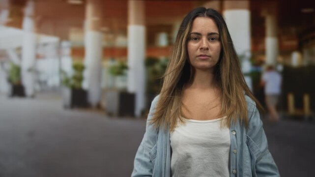 Woman points fingers to cheeks in building concourse while smiling, wearing denim shirt and tank top; confidence self expression.