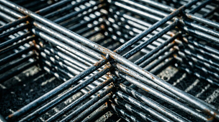 Close-up of rebar steel grid structure, industrial background