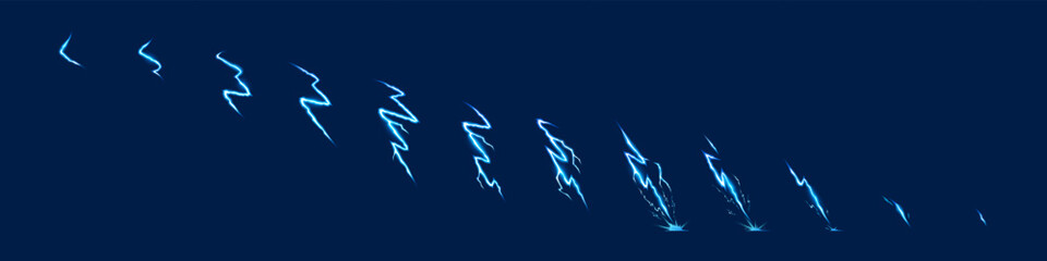 Thunder effect animation frames with bolt strikes and comic energy on dark background. Manga style vector lightning sprites with blue power sparks and electric thunder discharge for game design. © vectorpouch