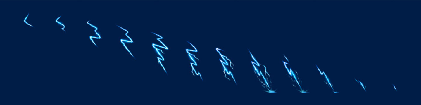 Thunder effect animation frames with bolt strikes and comic energy on dark background. Manga style vector lightning sprites with blue power sparks and electric thunder discharge for game design.