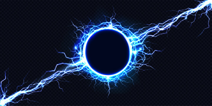 Energy burst with glowing blue thunder ring and electric plasma ball on dark background. Powerful neon effect - magic portal with bright sparks and lightning bolts in abstract realistic 3d vector.