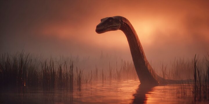 a majestic plesiosaurus emerging from the misty lake at sunrise, surrounded by tall grasses and a warm orange glow in the background.
