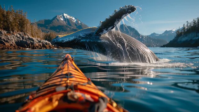 Kayaking in a cove as a whale breaches near the shore during a sunny day in a remote location