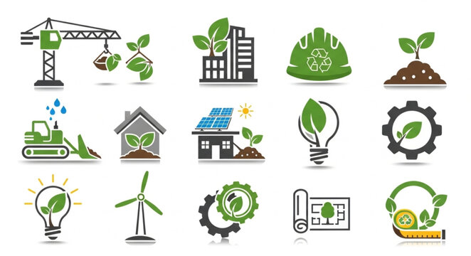 Eco-friendly construction and sustainable energy icons representing green building practices and renewable resources.