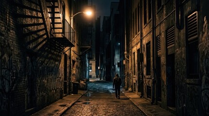 Fototapeta premium Dark Alleyway at Night with Street Lamp and Buildings.