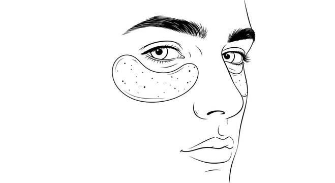 Close-up sketch of a person's face with under-eye patches, emphasizing skincare and beauty.