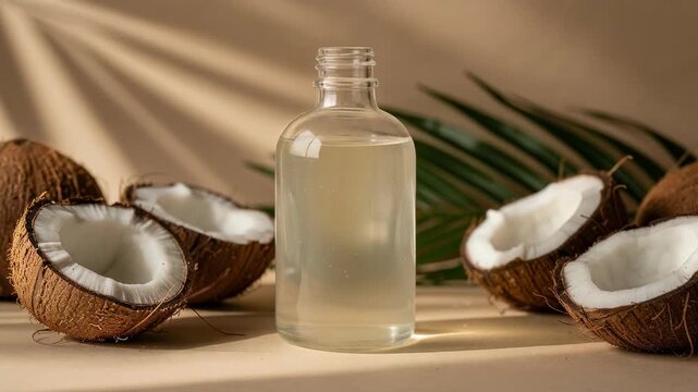 Natural coconut oil with fresh coconut halves and tropical leaf on beige background