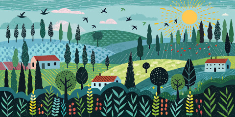 Stylized landscape illustration featuring a vibrant sun and rolling hills © Rathin