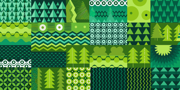 A vibrant patchwork of green geometric patterns and forest motifs