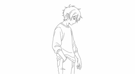 Obraz premium Anime Boy Line Art, Sad Teenager, Looking Down, Simple Sketch Style
