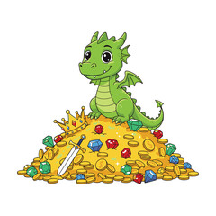 Friendly green dragon sitting on a large pile of gold coins and gems in a vector illustration. © Vectonic Wave