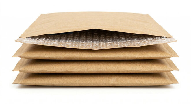 Stack of Sharp Brown Kraft Bubble Mailer Envelopes Isolated