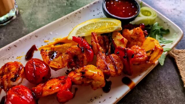 Grilled seafood topped with sauce, appetizing edibles in fancy plating
