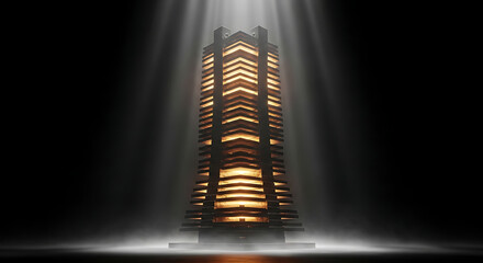 Dramatic, abstract, dark, illuminated skyscraper silhouette in spotlight.