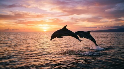 Fototapeta premium Dolphins Jumping at Sunset